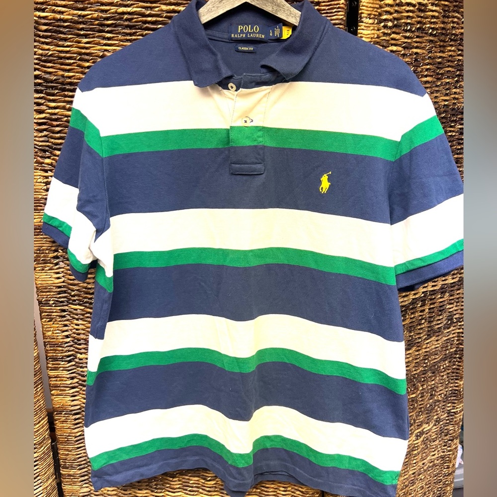 Polo by Ralph Lauren-Men's Blue and Green Striped Polo Shirt, Size; Large